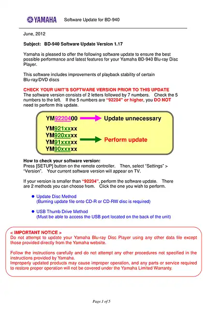 yamaha雅马哈BD-940 Software Update Version 1.17_Installation_Manual
